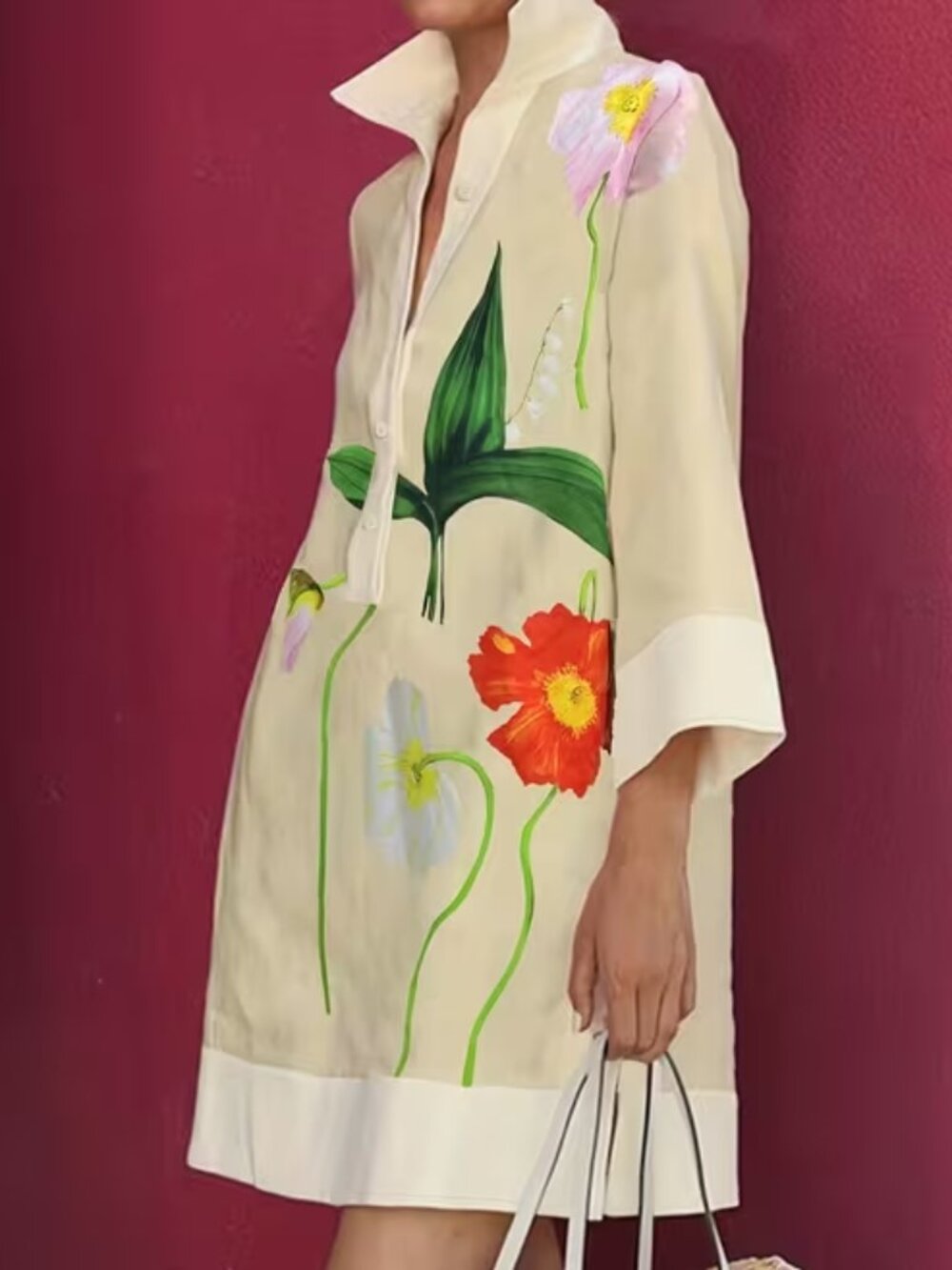Painted Flower Half Button Up Straight Fit Collared Dress
